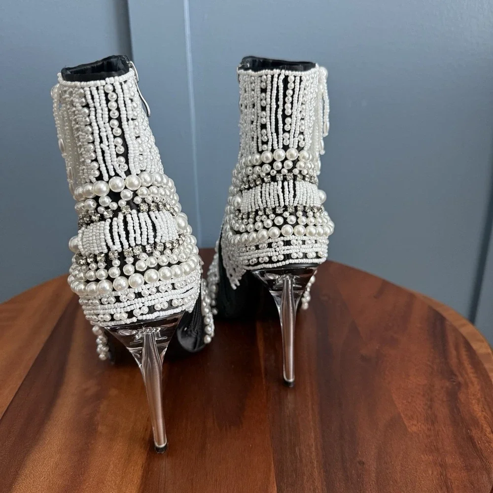 Azalea Wang Pearl Booties Women's 8.5 Stiletto Rhinestone Maximalist Bridal